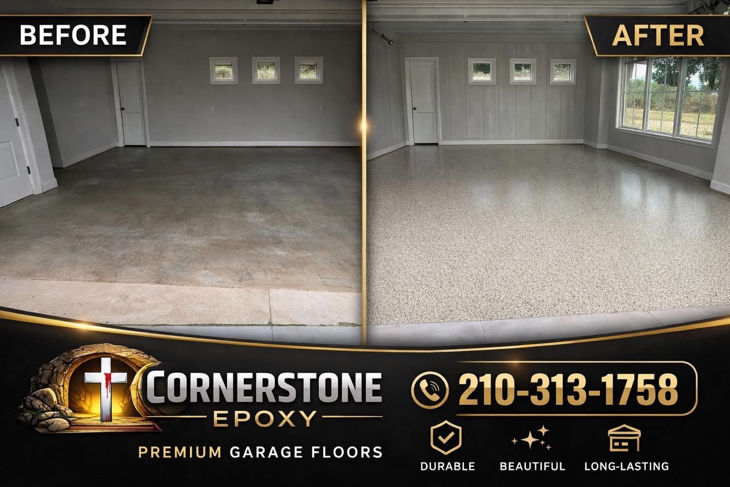 Before and after premium garage epoxy floor by Cornerstone Epoxy