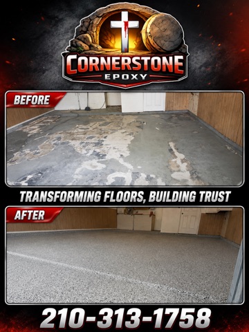 Before and after: damaged concrete garage floor transformed with full flake epoxy
