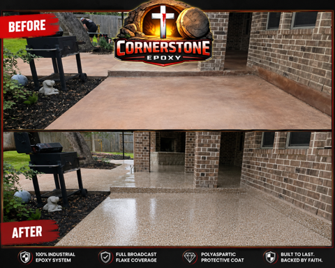 Before and after covered patio flake coating with full broadcast