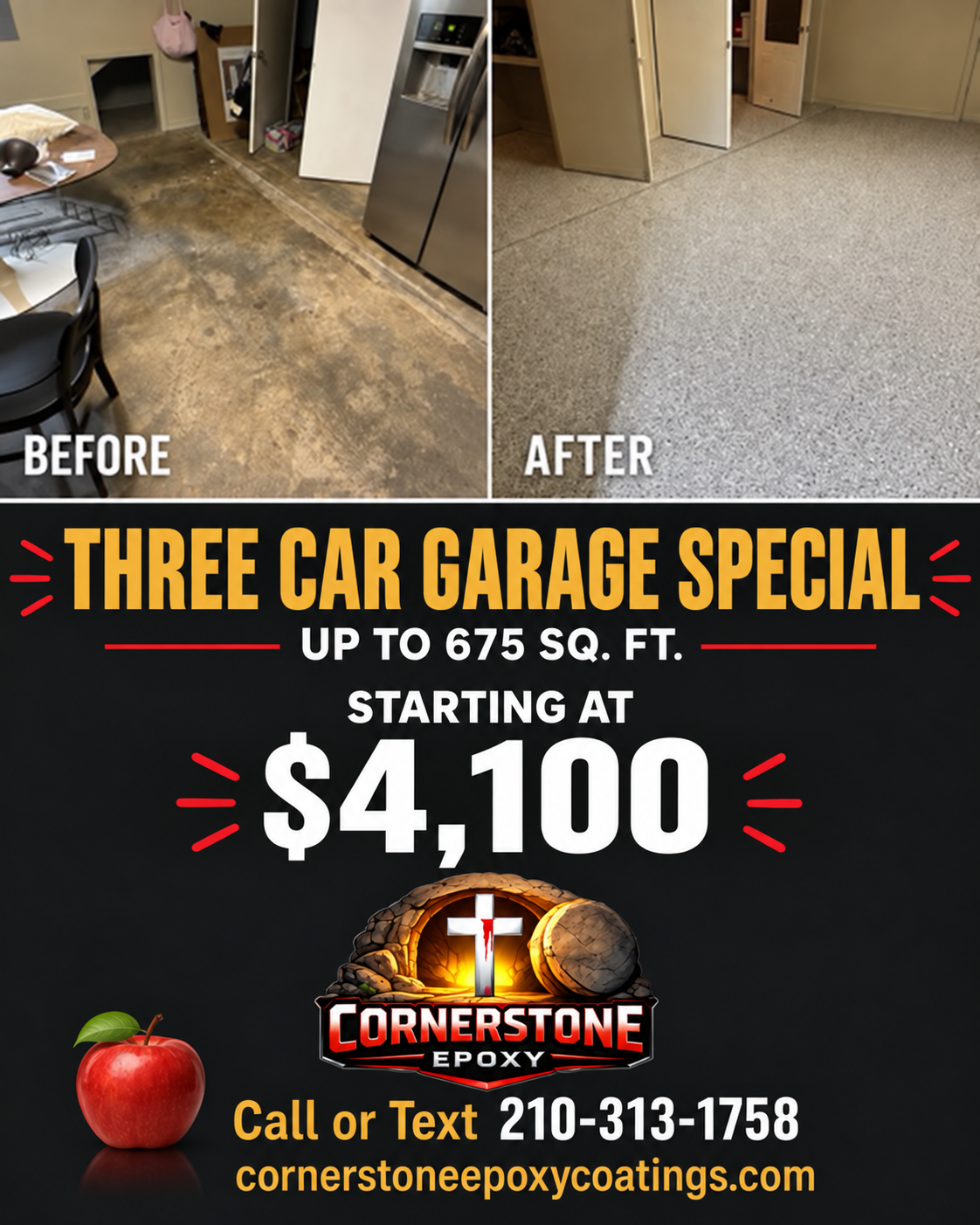 Three-car garage epoxy special starting at $4,100